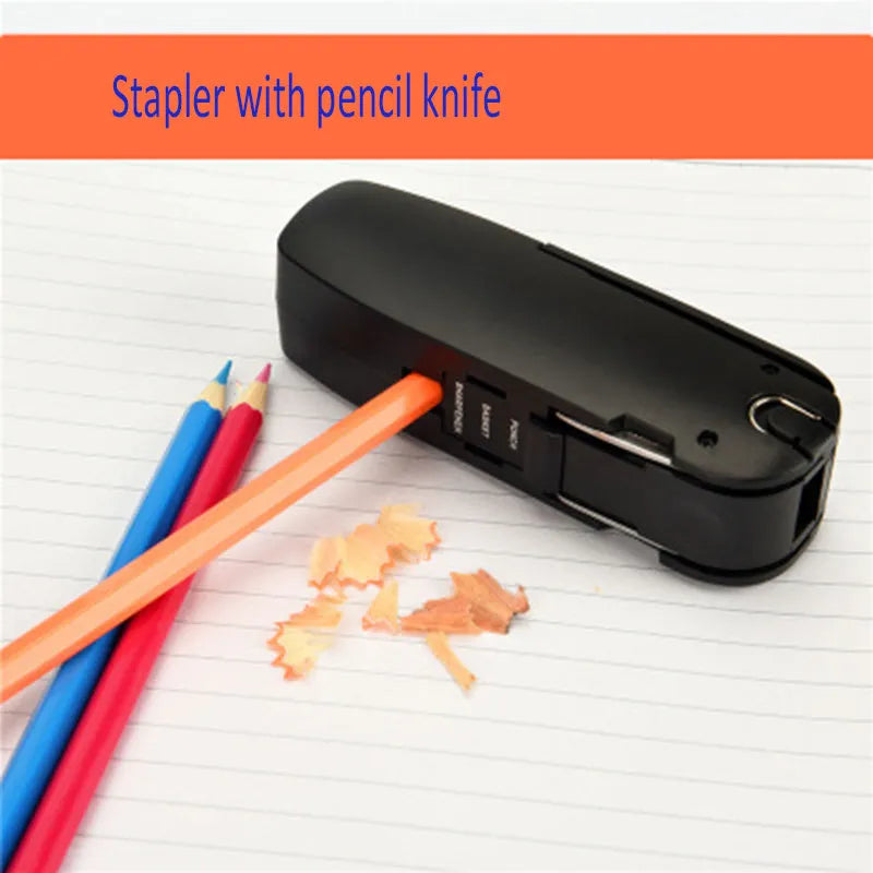 KOONSLED multifunctional mini stapler in black with built-in staple remover on desk