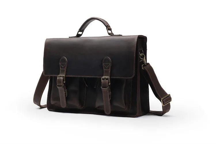 Top cowhide leather computer bag in dark brown with crossbody strap and sewing line detailing
