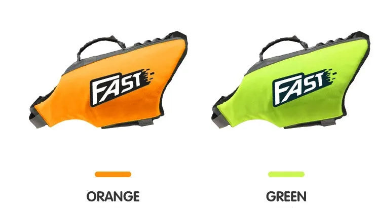 Reflective printed dog life jacket in orange on a green background for medium and large dogs