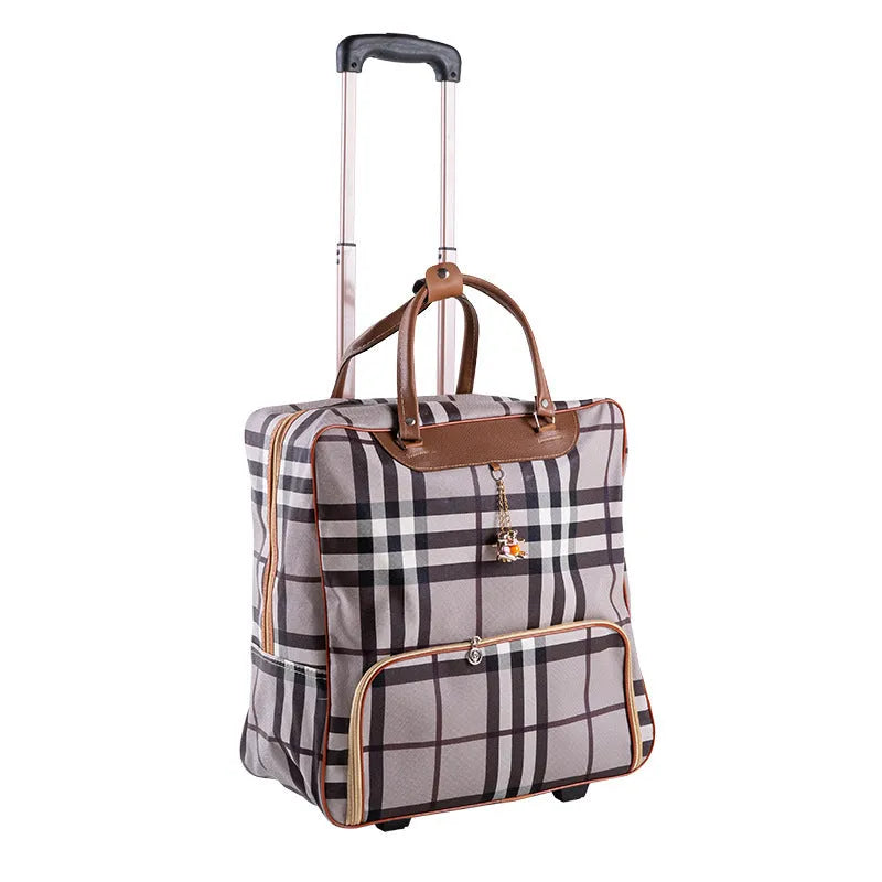 PU trolley suitcase with wheels shown in a choice of eight different colour and pattern designs.