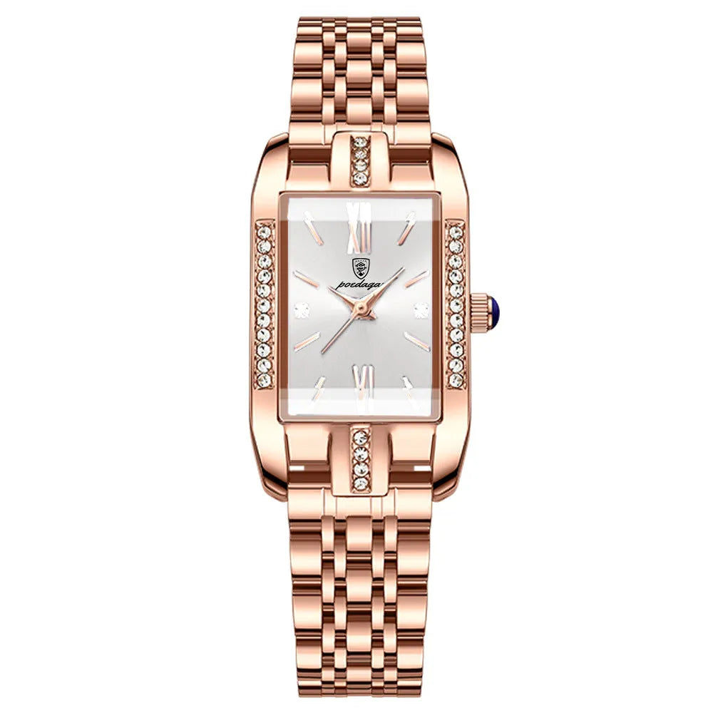 Ladies waterproof quartz watch with rectangle 30mm dial, stainless steel band, mineral glass mirror, and butterfly buckle