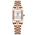 Ladies waterproof quartz watch with rectangle 30mm dial, stainless steel band, mineral glass mirror, and butterfly buckle