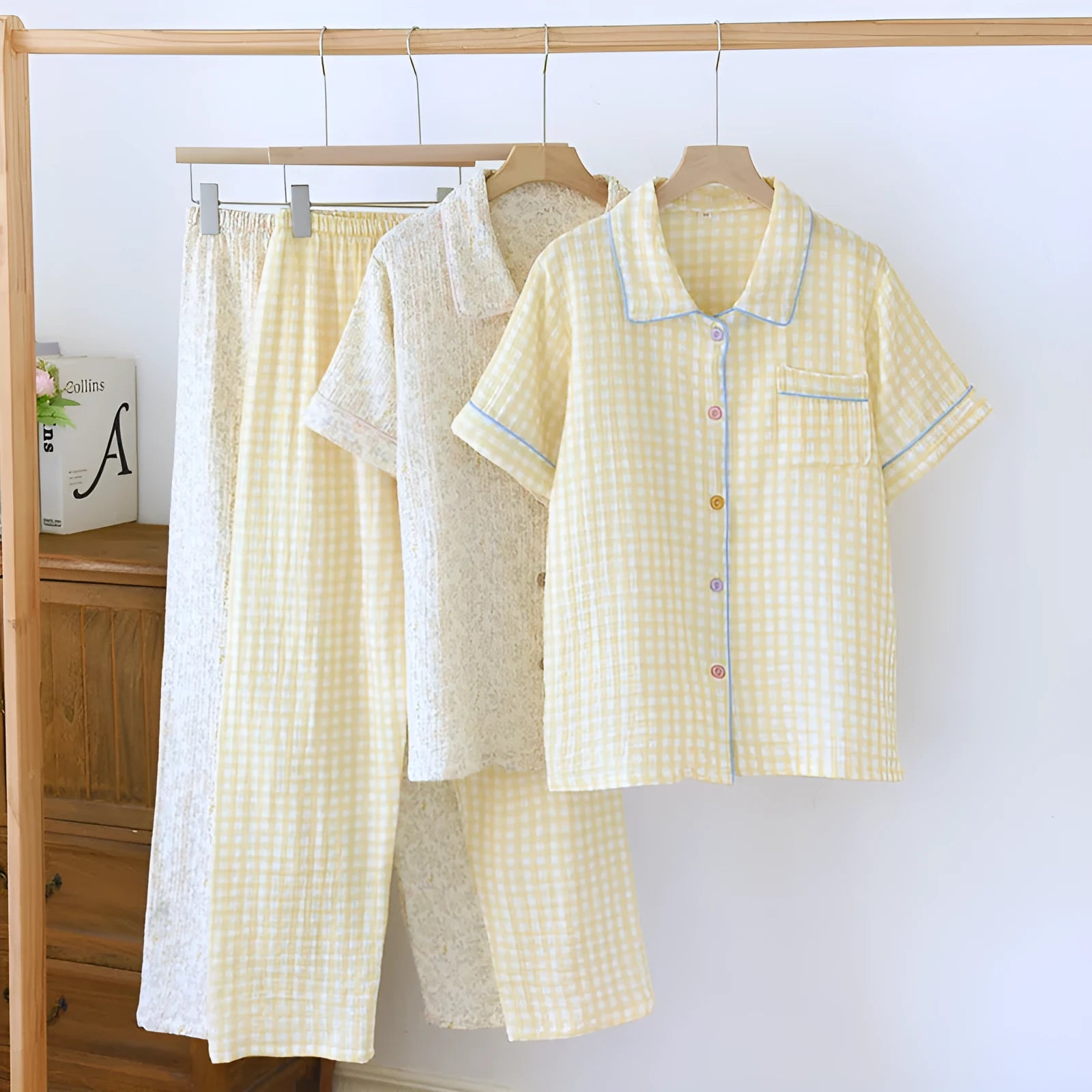 Washed cotton double-layer gauze short-sleeved trousers casual loose outfit in flower sea or yellow plaid colours