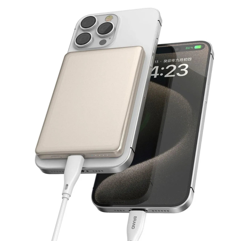 Wireless power bank with alloy shell in black, front view showing magnetic charging surface