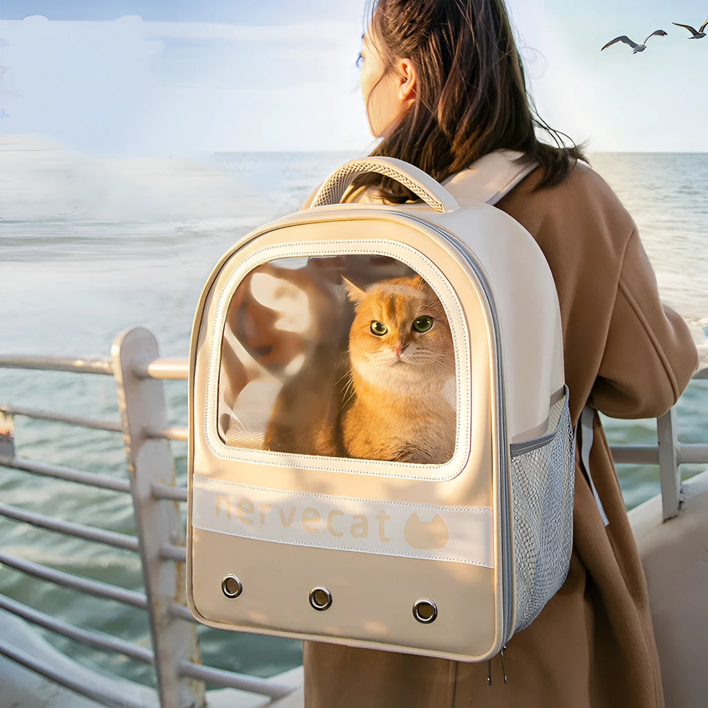 Portable large-capacity breathable cat bag in off-white PU with transparent PVC panels and nylon lining