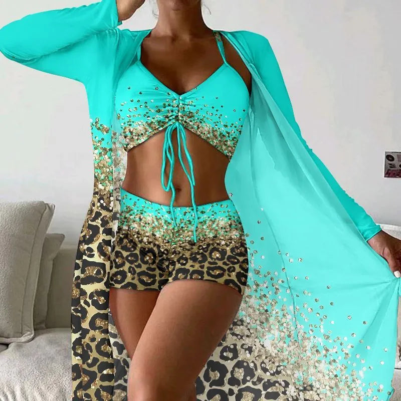 Women's three-piece swimsuit set showing sleeveless top, high-waisted shorts, and matching coat in polyester fabric