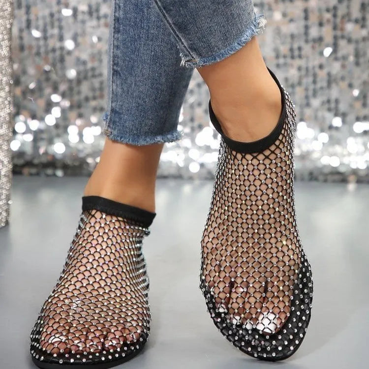 New women's hollow flat sandals with rhinestone design, round toe, mesh upper, rubber sole in beige