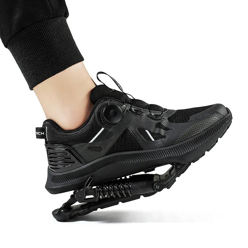 Black mesh mechanical running shoes with a buckle fastening and a mid-top design on an EVA rubber sole.
