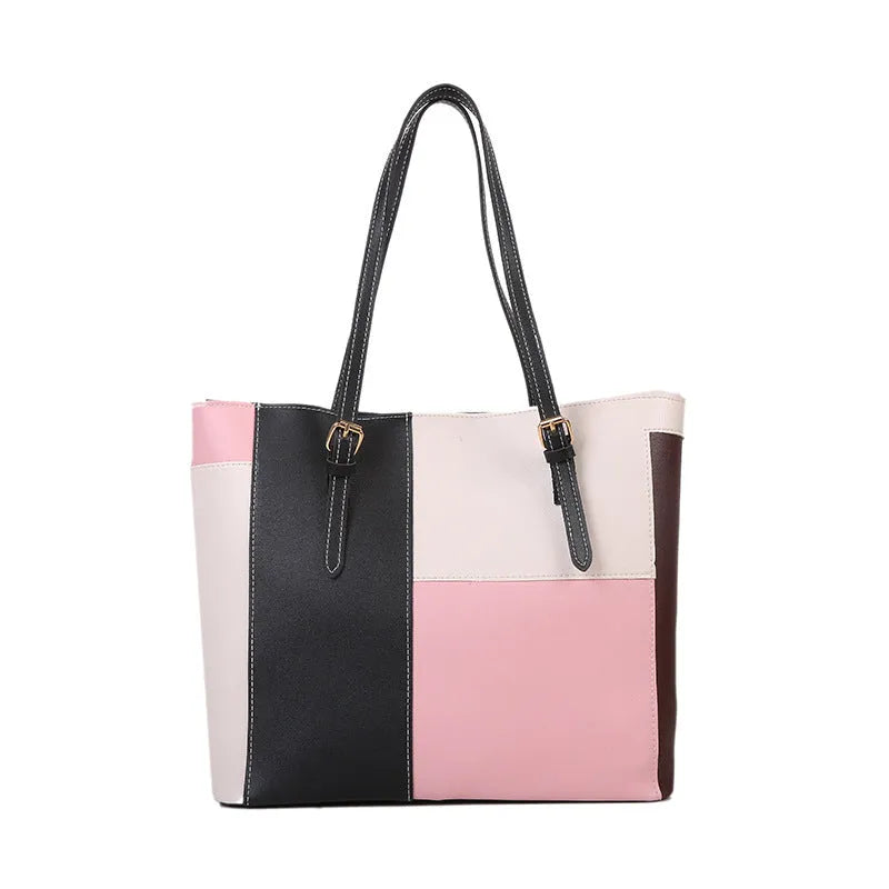 Large capacity women's PU tote bag with contrast stitching, available in khaki, green, blue, pink, and gray, featuring a phone pocket.