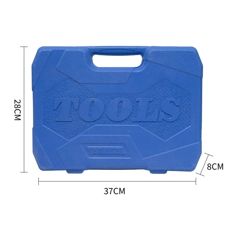 82-piece auto repair tool set with ratchet wrench and combination tools in a galvanised blue case