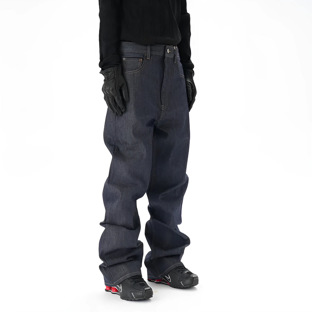 Dark blue casual loose straight fit jeans with straight leg cut on mannequin