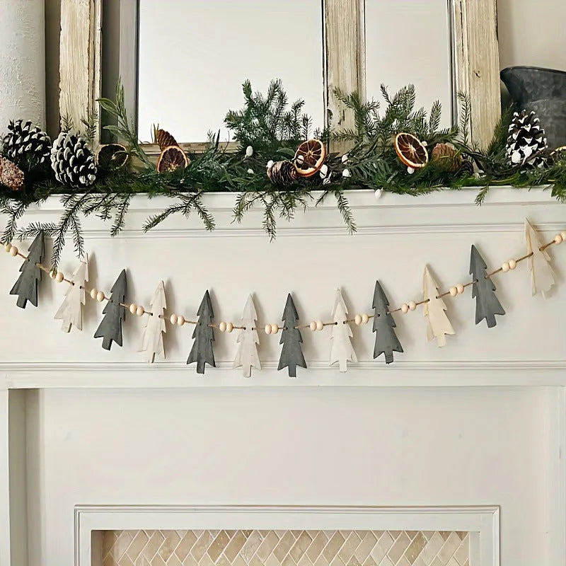 Set of 12 natural wood Christmas wreath ornaments, European style, 11x4.6x0.3cm each