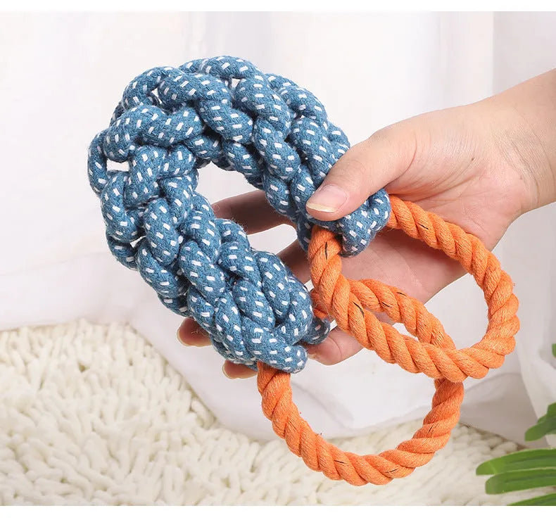Blue cotton knot rope dog chew toy with double-ring braided bone design