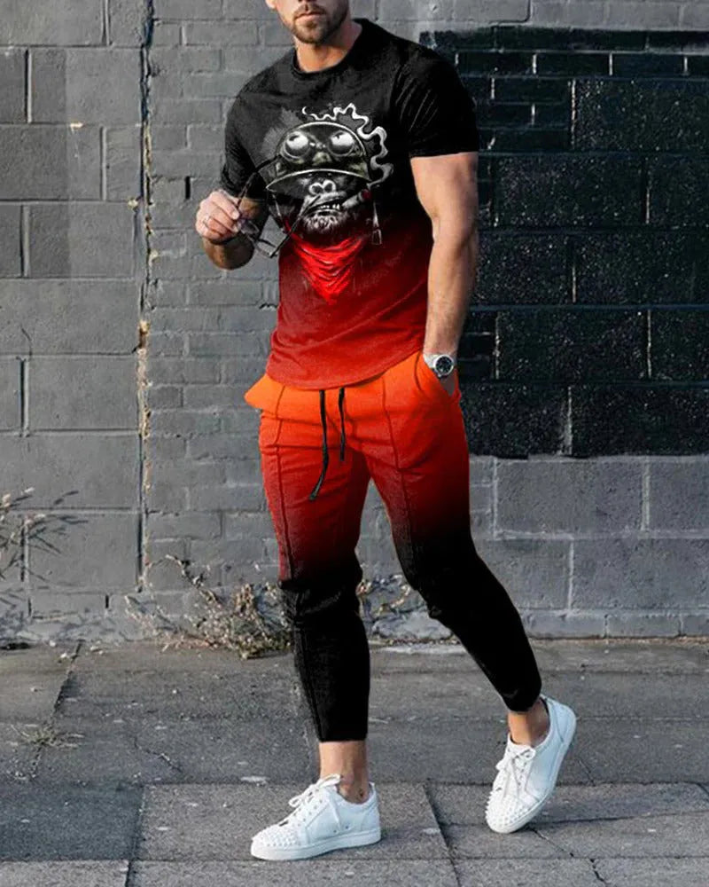 Men's short-sleeve printed tracksuit set with round neck pullover and matching trousers in polyester blend fabric