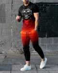 Men's short-sleeve printed tracksuit set with round neck pullover and matching trousers in polyester blend fabric