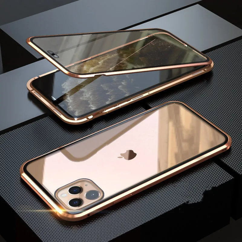 Machined glass clamshell anti-spy phone case in black, shown closed and open next to an iPhone.