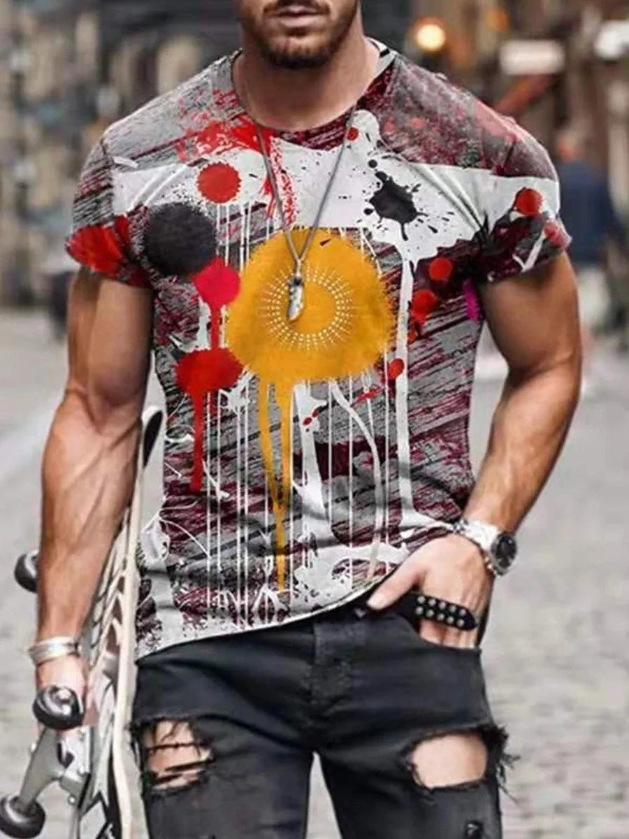 Man wearing a loose-fit camouflage print short-sleeved T-shirt in milk silk fabric.