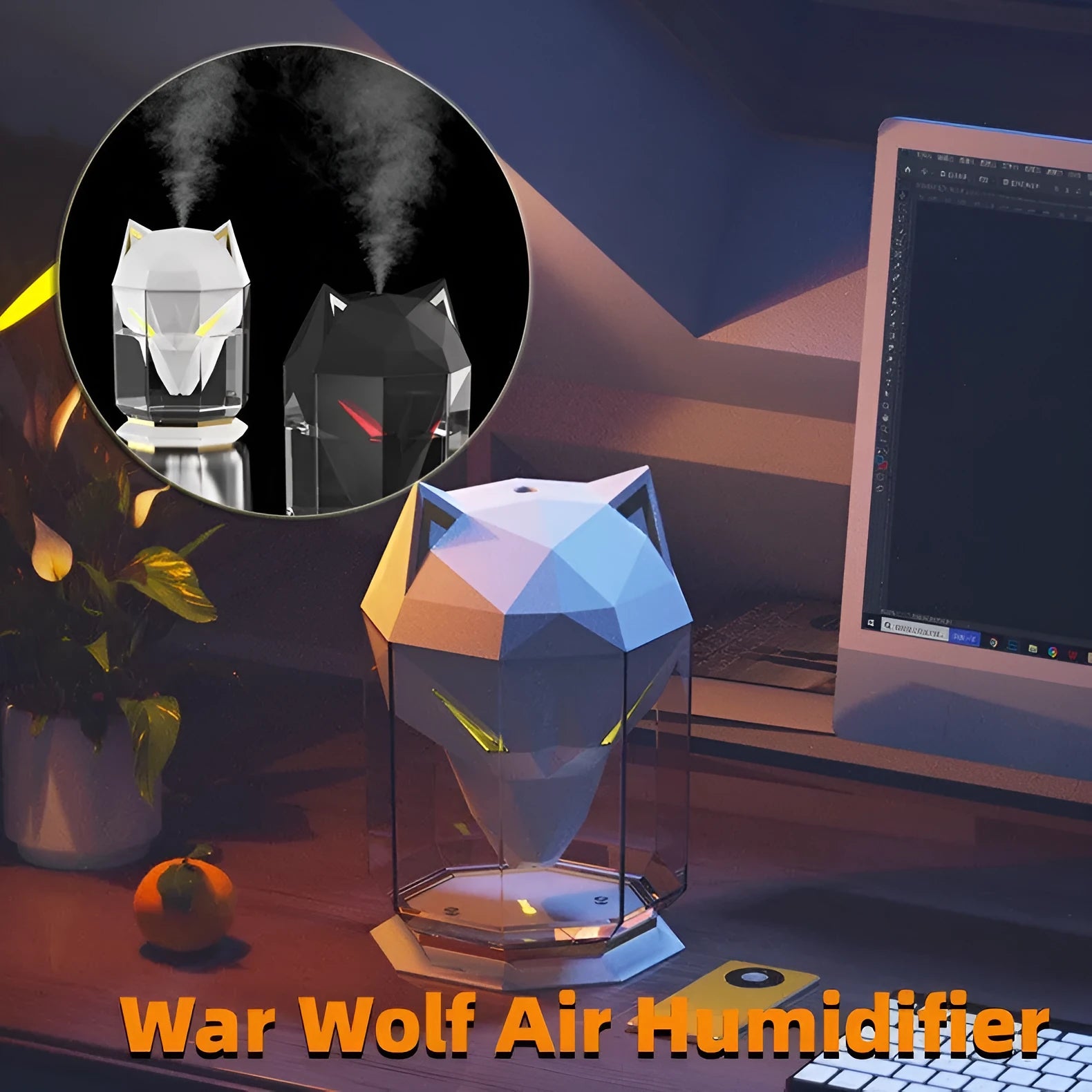 War Wolf ultrasonic air humidifier with colourful LED lights on desktop next to USB cable