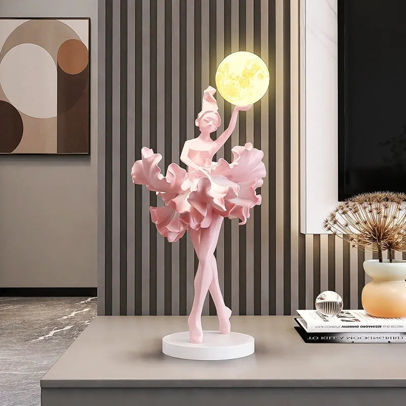 Resin ballet girl small night lamp in pink painted finish for home hallway decor