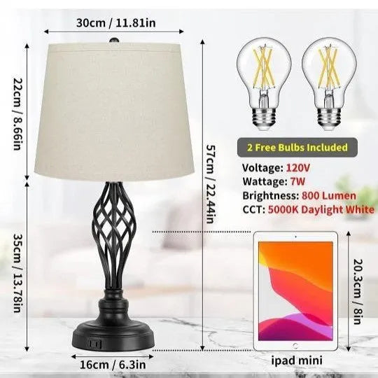 European style alloy table lamp with touch controls for dimmable cold and warm light and a USB charging socket.