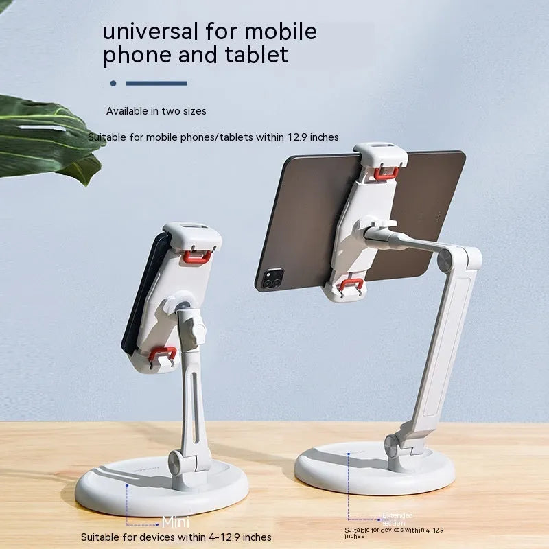 Foldable lifting bracket for mobile phone and tablet in White Extended on a desk