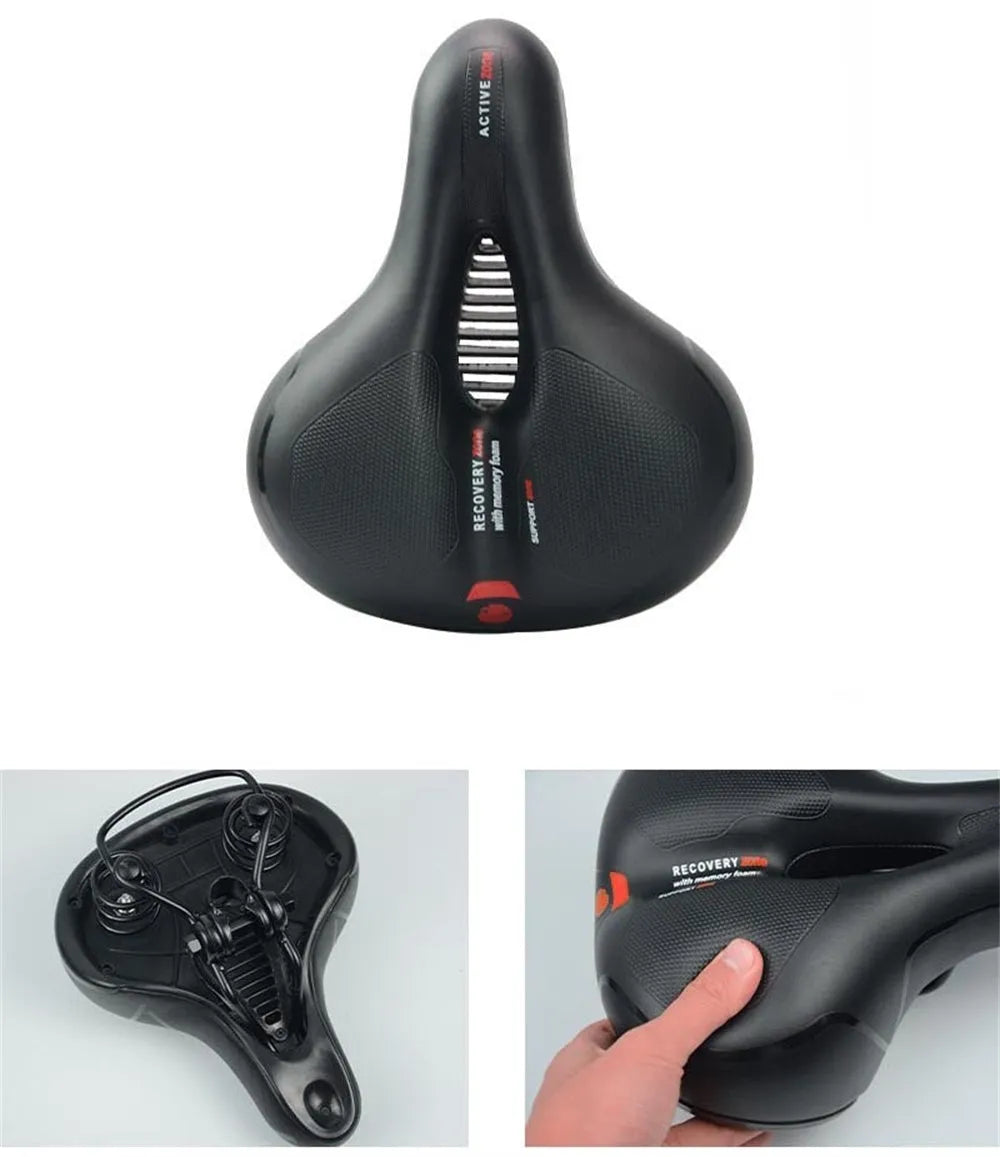 Universal bicycle saddle with grey PU leather top, shown alongside a waterproof cover, a silver 6mm wrench, and a box of tyre patches.