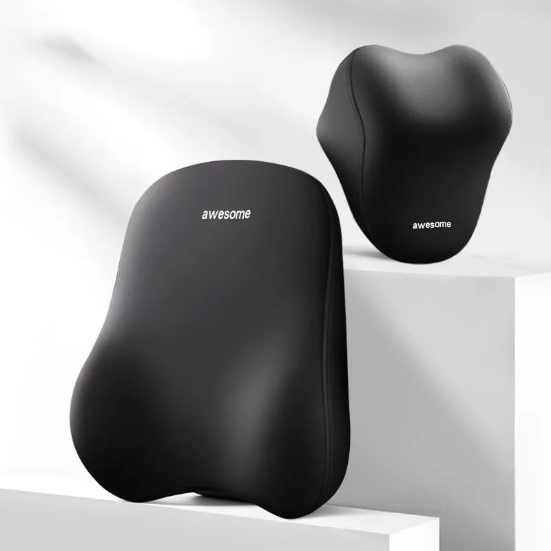 Automotive headrest and lumbar support pillow set with memory foam filling