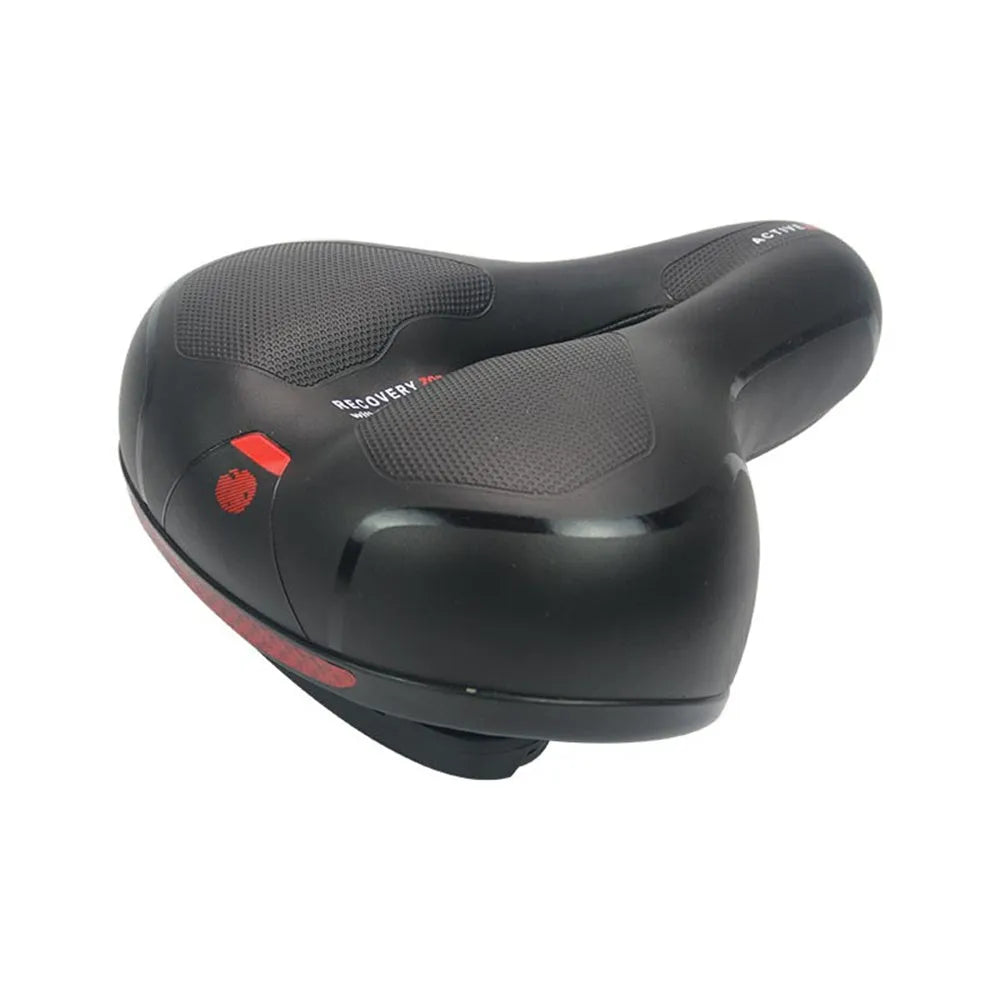 Universal bicycle saddle with grey PU leather top, shown alongside a waterproof cover, a silver 6mm wrench, and a box of tyre patches.