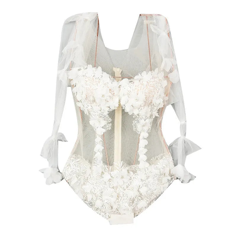 White see-through lace embroidered triangle one-piece swimsuit with backless design, nylon fabric and spandex lining, sizes M L XL.