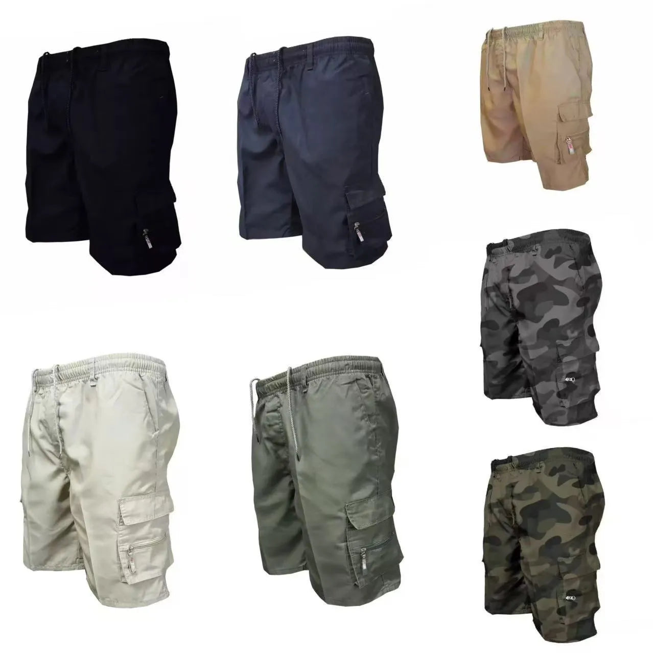 Men's loose-fitting casual work trousers in lightweight polyester fabric on a hanger.