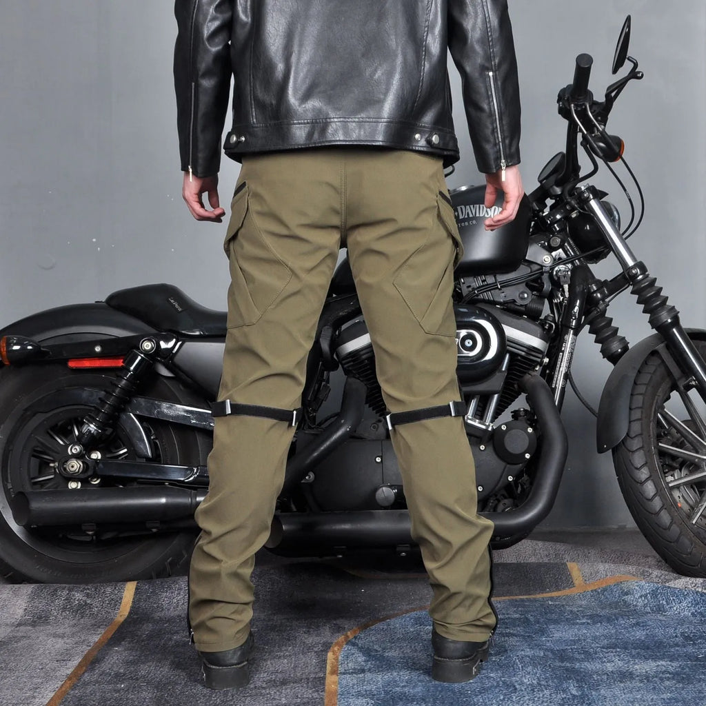 Motorcycle waterproof windproof cycling pants in black and green colours with protective gear and belt