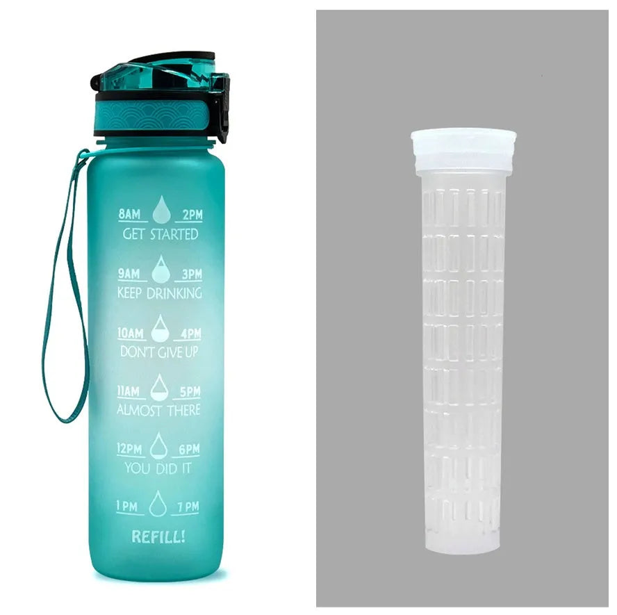 Blue-red gradient 1L Tritan water bottle with time markers and flip-top lid on a gym bag