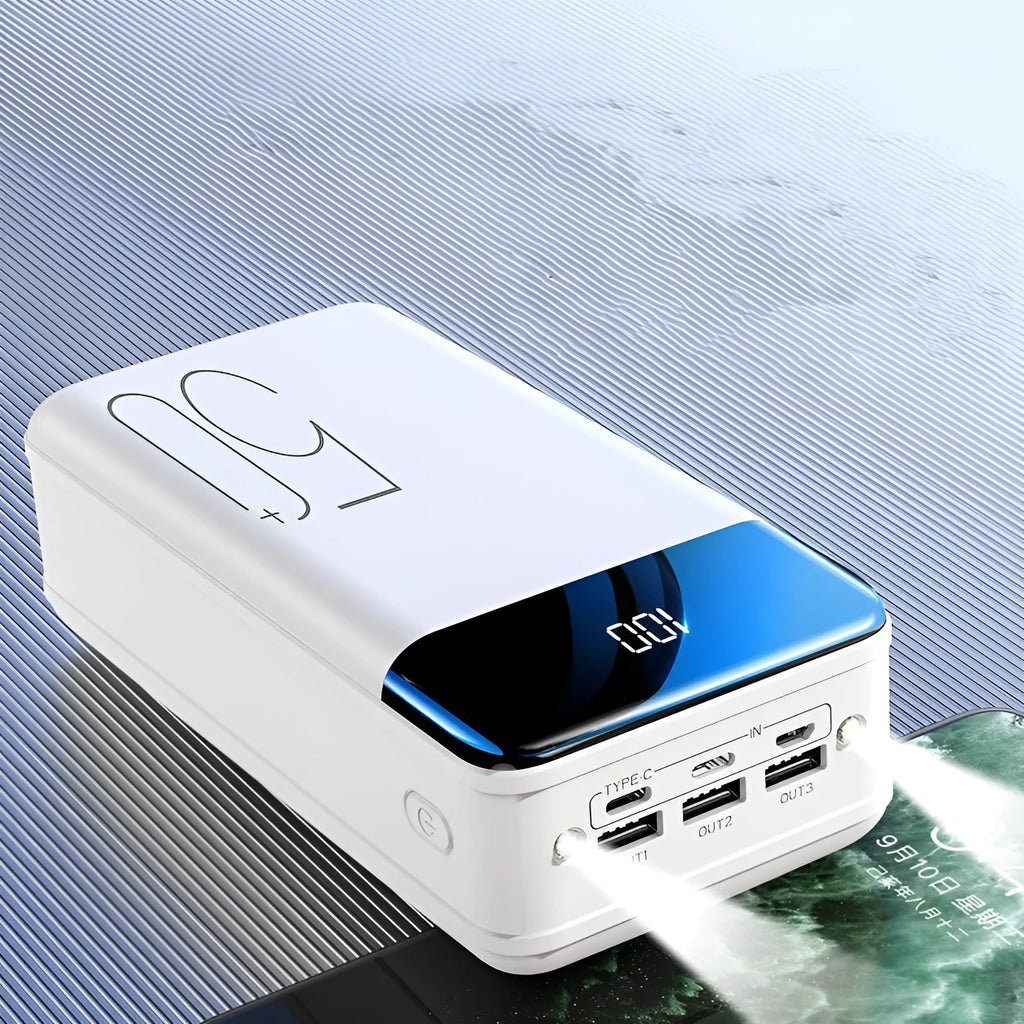 Black and white 50000mAh power bank with three USB output ports, showing dimensions of 169mm x 83mm x 52mm