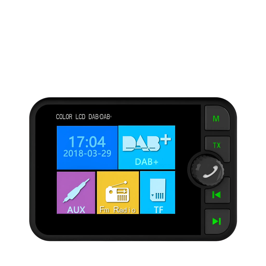 Black ABS car DAB digital receiver with 2.4-inch colour LED screen showing radio display