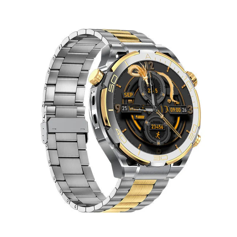 Black smart watch with TFT display, silicone and leather straps, featuring health monitoring and NFC function