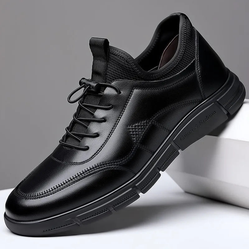 Black men's casual slip-on shoes with leather stitching and square low heel on non-slip rubber sole