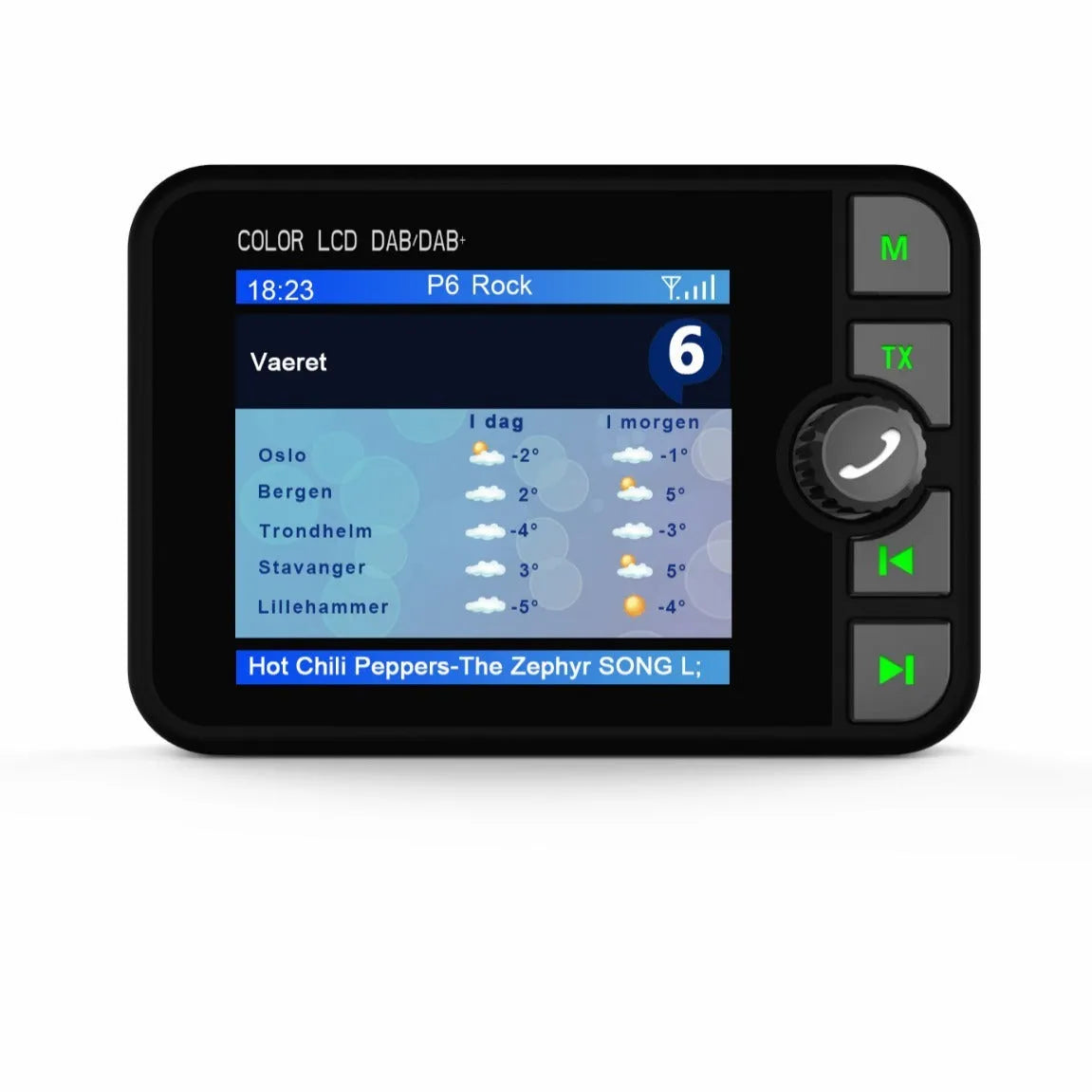 Black ABS car DAB digital receiver with 2.4-inch colour LED screen showing radio display