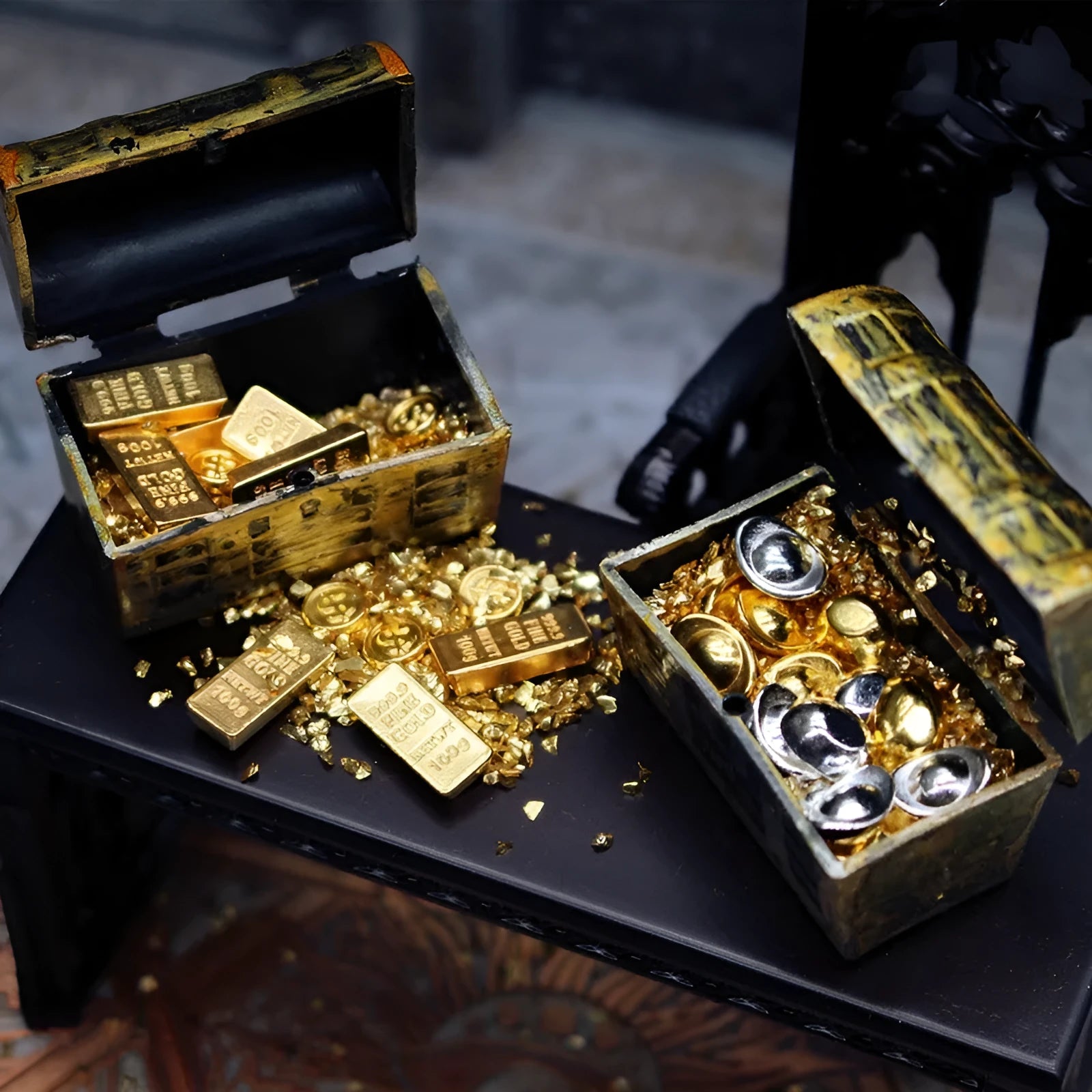 Gold coin treasure box doll house miniature set with alloy coins, bars, ingots, and LED lights