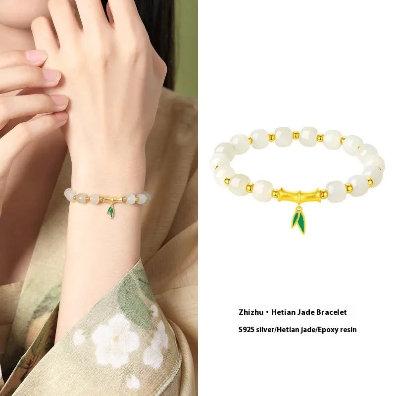 Sterling silver bracelet with natural Hetian jade bamboo leaf beads in zhizhu colour