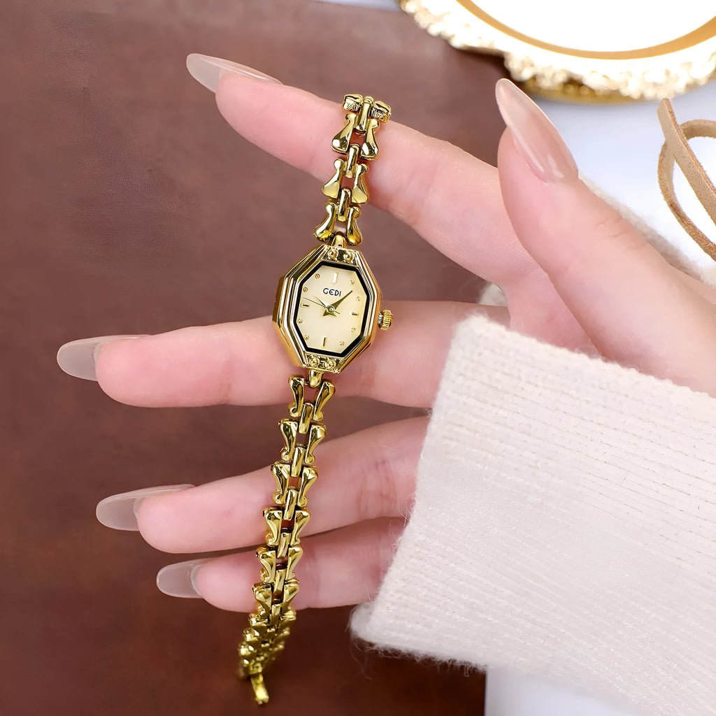 Luxury retro octagonal women's quartz watch in steel gold with 17.5mm dial, mineral glass, and alloy strap