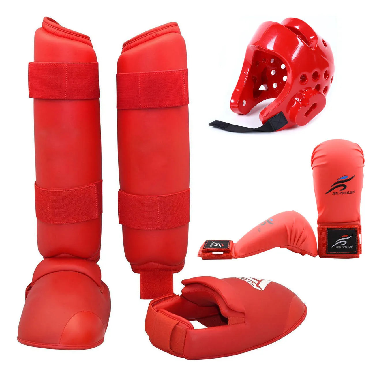 Karate protective gear set with red boxing gloves, leg guards, and helmet for martial arts training