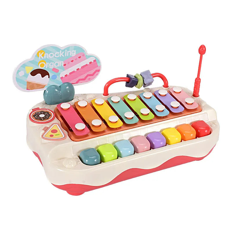Educational eight-tone toy piano baby xylophone in coral red plastic with keys and mallets for infants