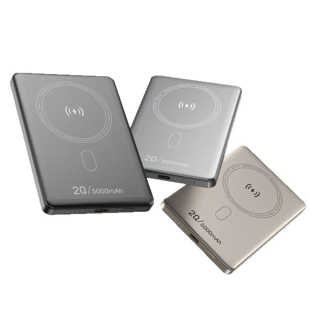Wireless power bank with alloy shell in black, front view showing magnetic charging surface