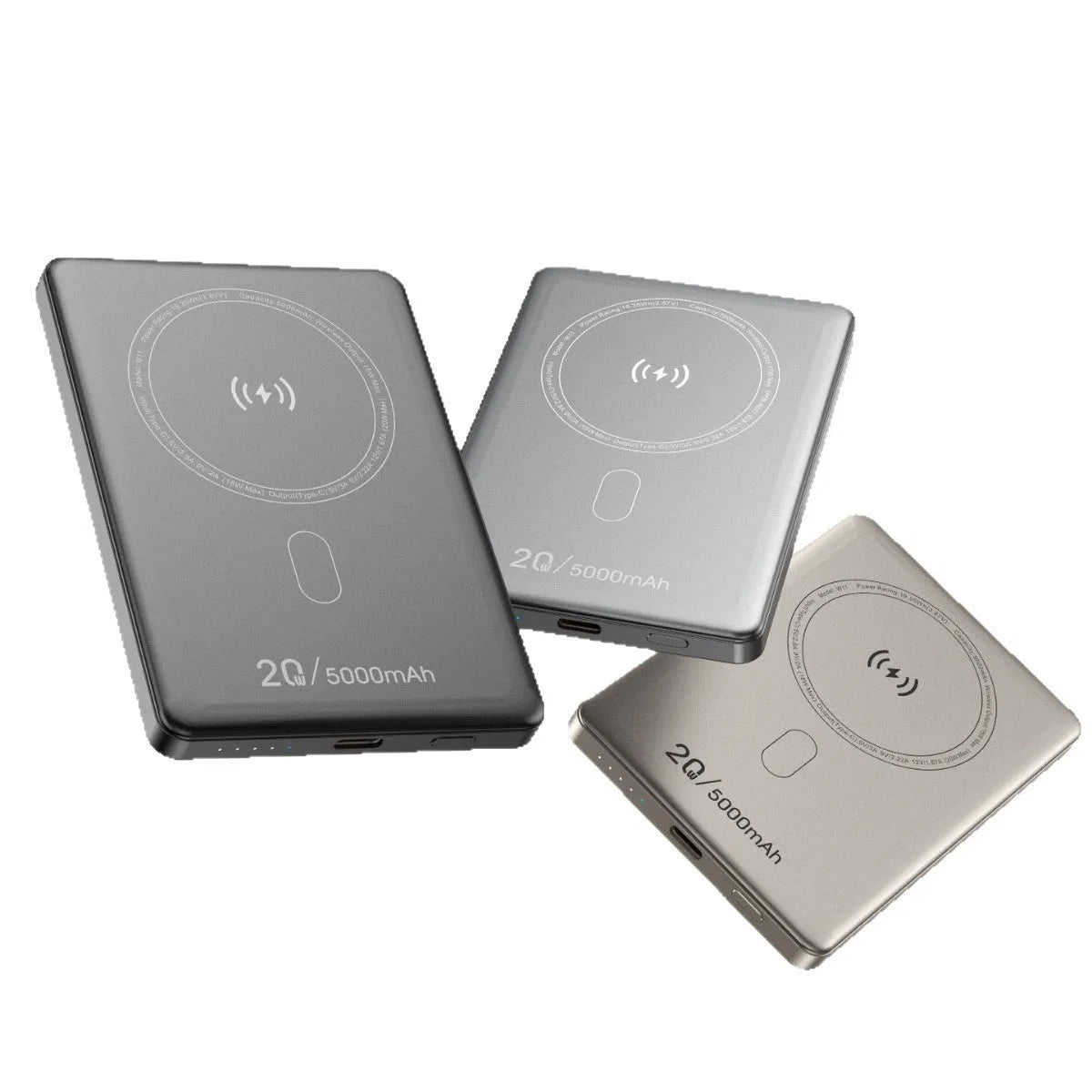 Wireless power bank with alloy shell in black, front view showing magnetic charging surface