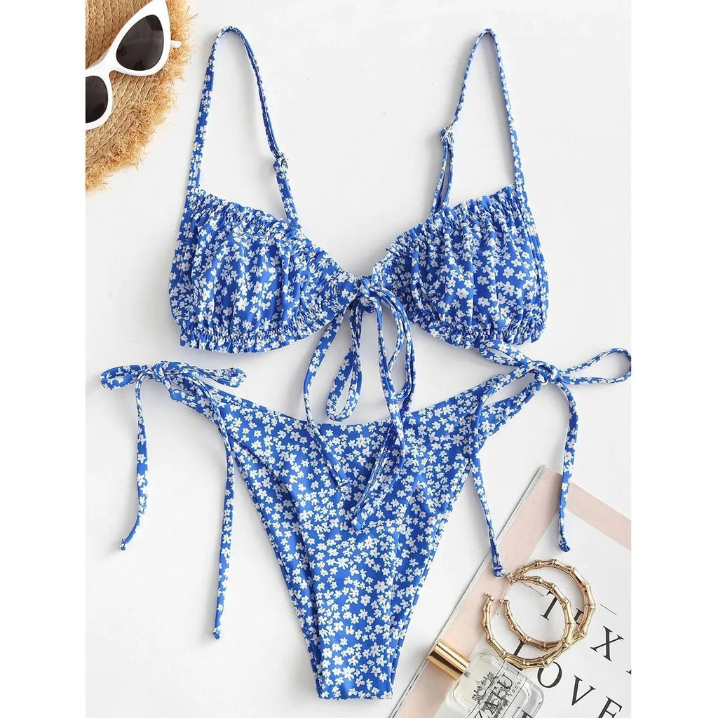 Blue printed women's swimsuit with multi-rope banded detailing and lapel collar