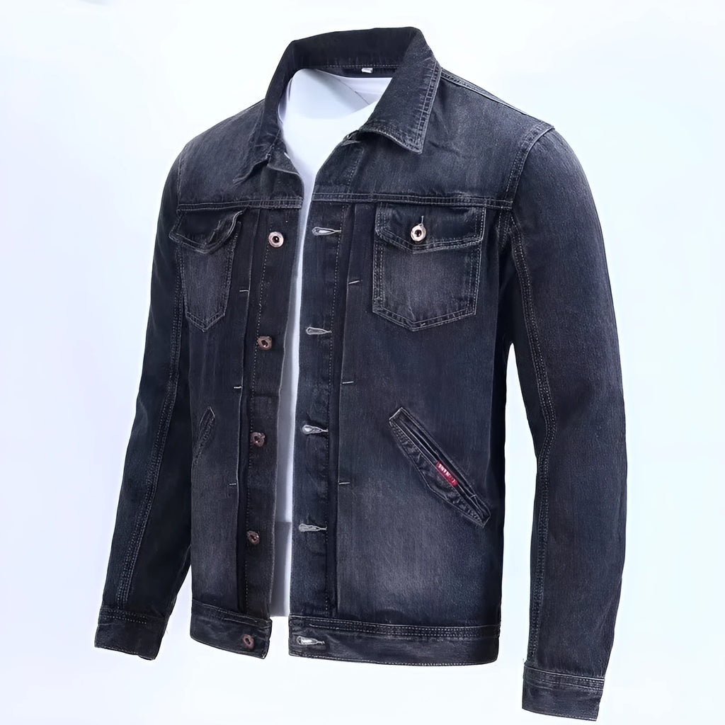 Men's denim workwear jacket in black gray, Korean slim fit, loose version, straight hem, conventional sleeves