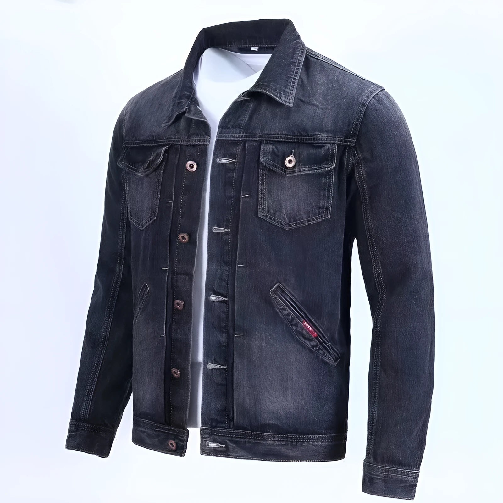 Men's denim workwear jacket in black gray, Korean slim fit, loose version, straight hem, conventional sleeves