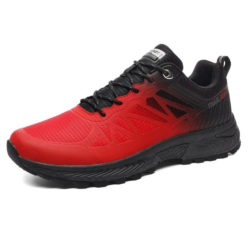 Men's black and grey breathable mesh running shoes with a lace-up front and rubber sole.