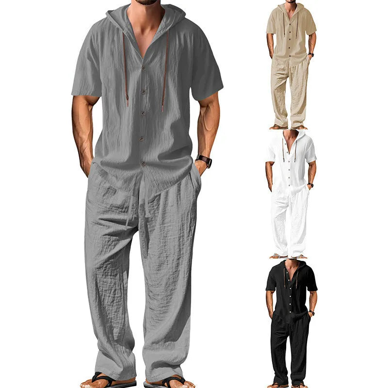 Men's casual cotton suit set in a neutral colour, showing the long-sleeved top and trousers laid flat.