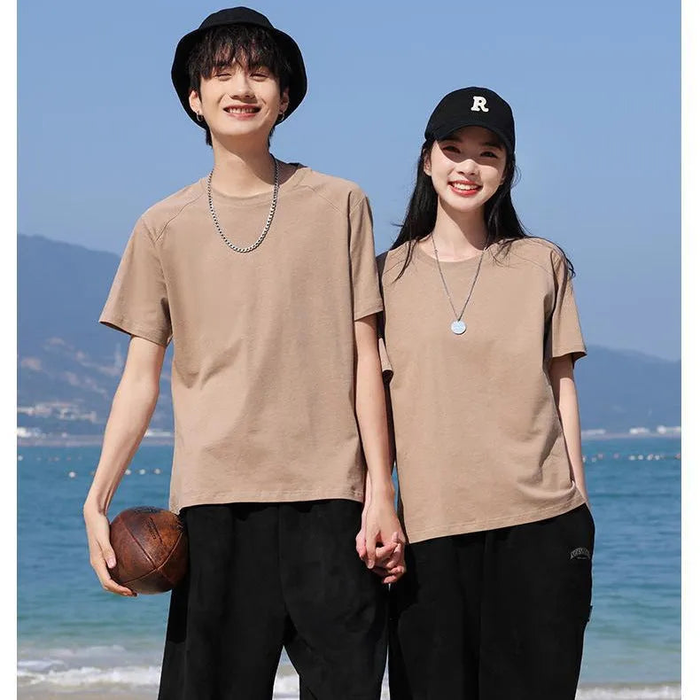 Men's straight cut short sleeve pure cotton T-shirt on a hanger in a solid colour.